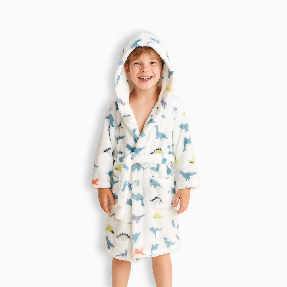 Peignoir Polaire Enfant Dinosaure Blanc