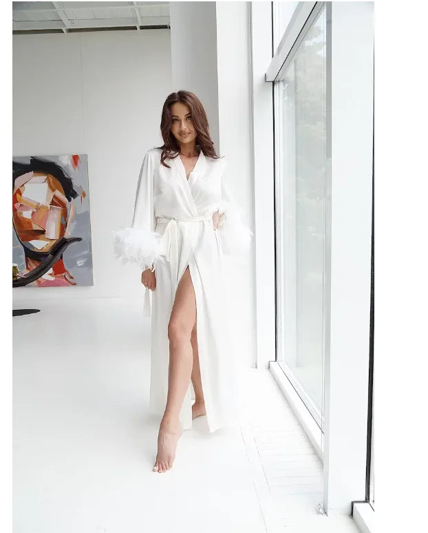 Peignoir Luxe Femme Soie avec Plumes