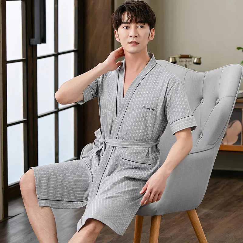 Peignoir Luxe Homme Manches Courtes à Rayures