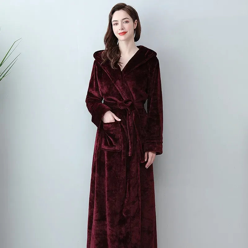 Peignoir Polaire Femme Long avec Capuche
