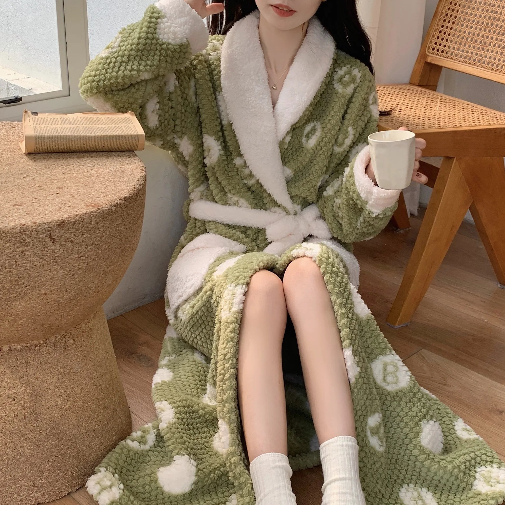 Peignoir Polaire Femme Chaud et Doux à Motifs