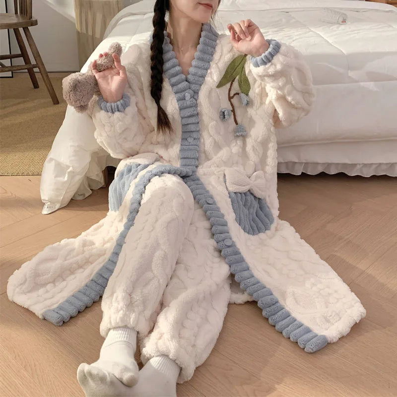 Peignoir Polaire Femme Chaud Doux Fleur