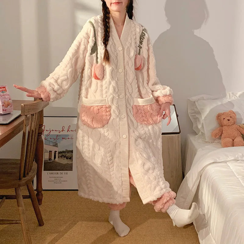 Peignoir Polaire Femme Chaud Doux Fleuri