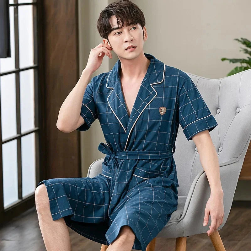 Peignoir Luxe Homme Manches Courtes à Carreaux
