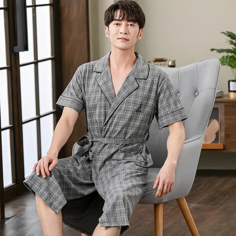 Peignoir Luxe Homme Manches Courtes à Carreaux Chic