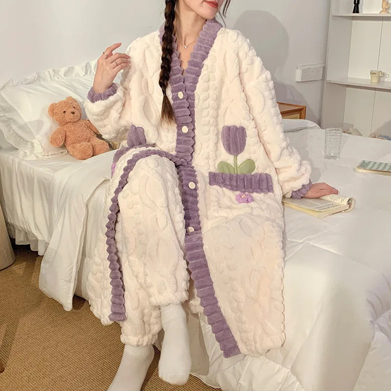 Peignoir Polaire Femme Chaud Doux à Motif